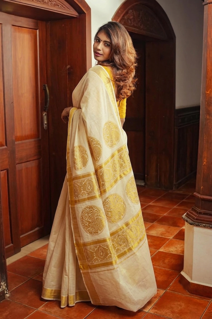 Cotton Cream Saree with Gold Butta and Traditional Border Set Saree