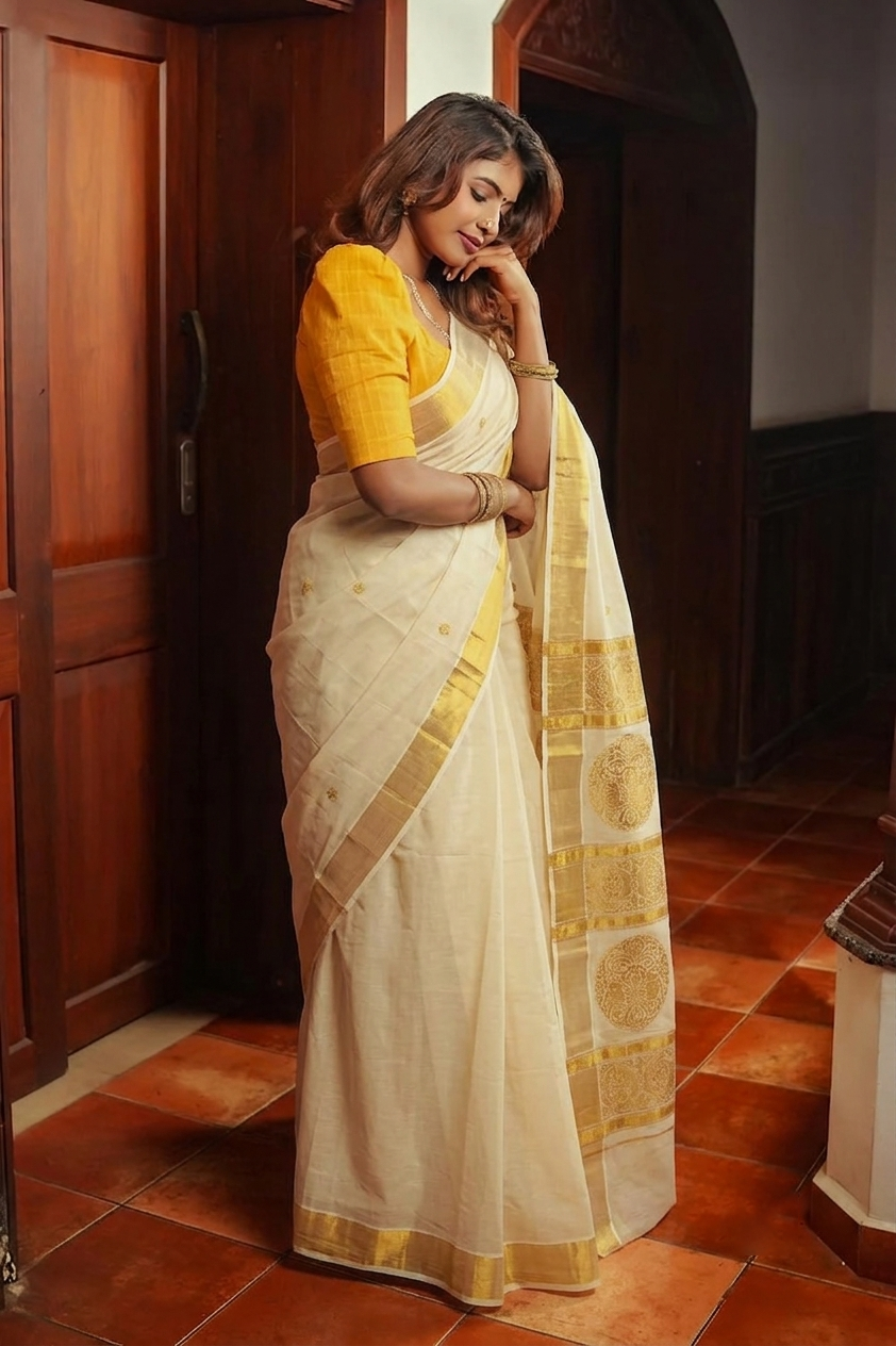 Cotton Cream Saree with Gold Butta and Traditional Border Set Saree