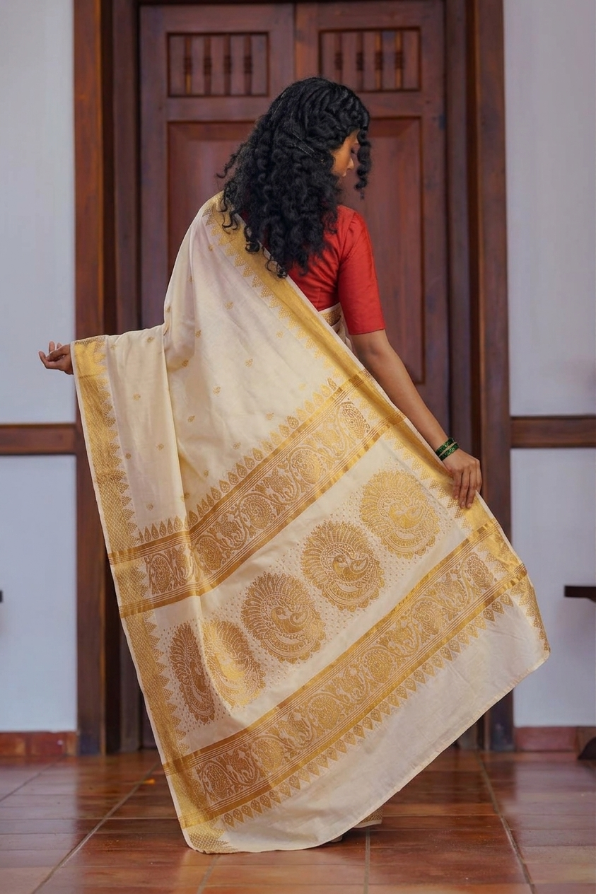 A woman wearing a cream-colored silk saree with gold zari patterns and a red blouse, standing in front of a wooden door and holding the saree drape to show its design.