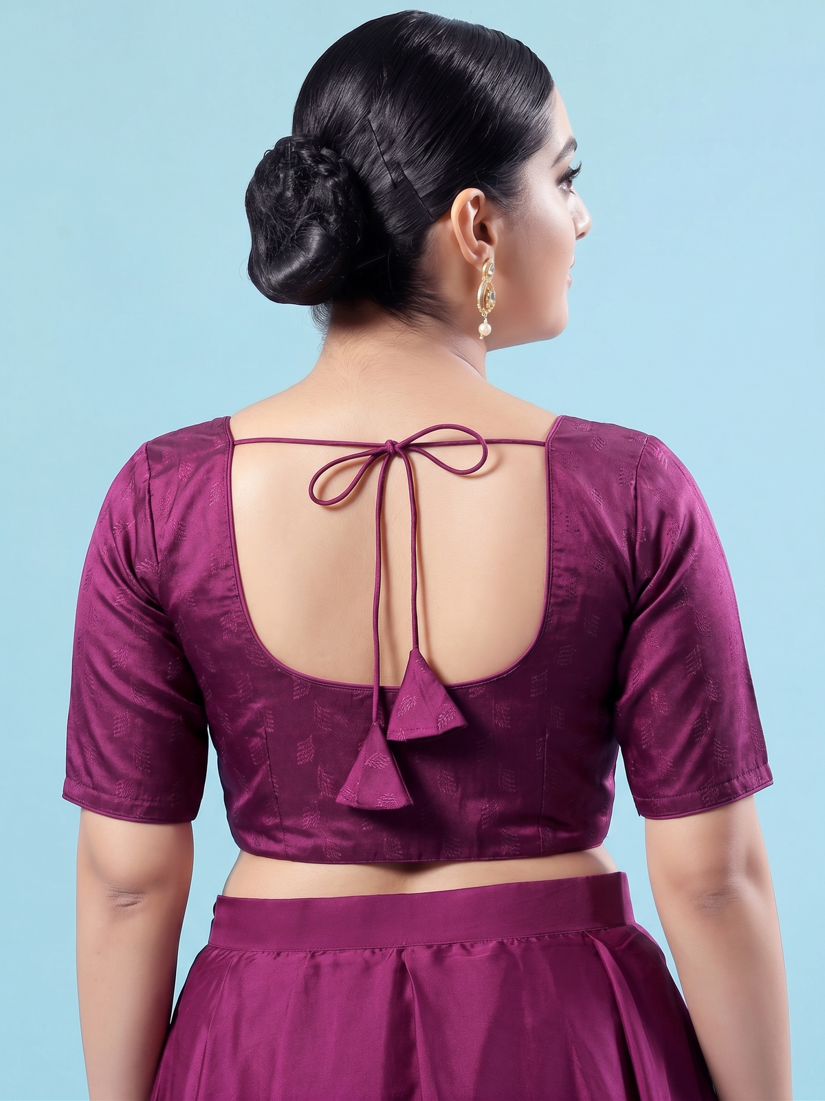Plum Purple Self-Patterned Saree Blouse with Elbow Sleeves