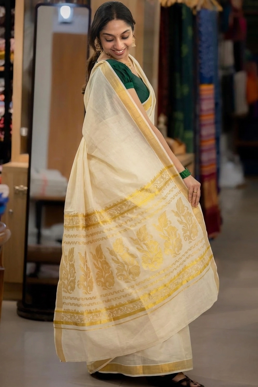 Cream Cotton Kasavu Onam Saree with Floral Pallu