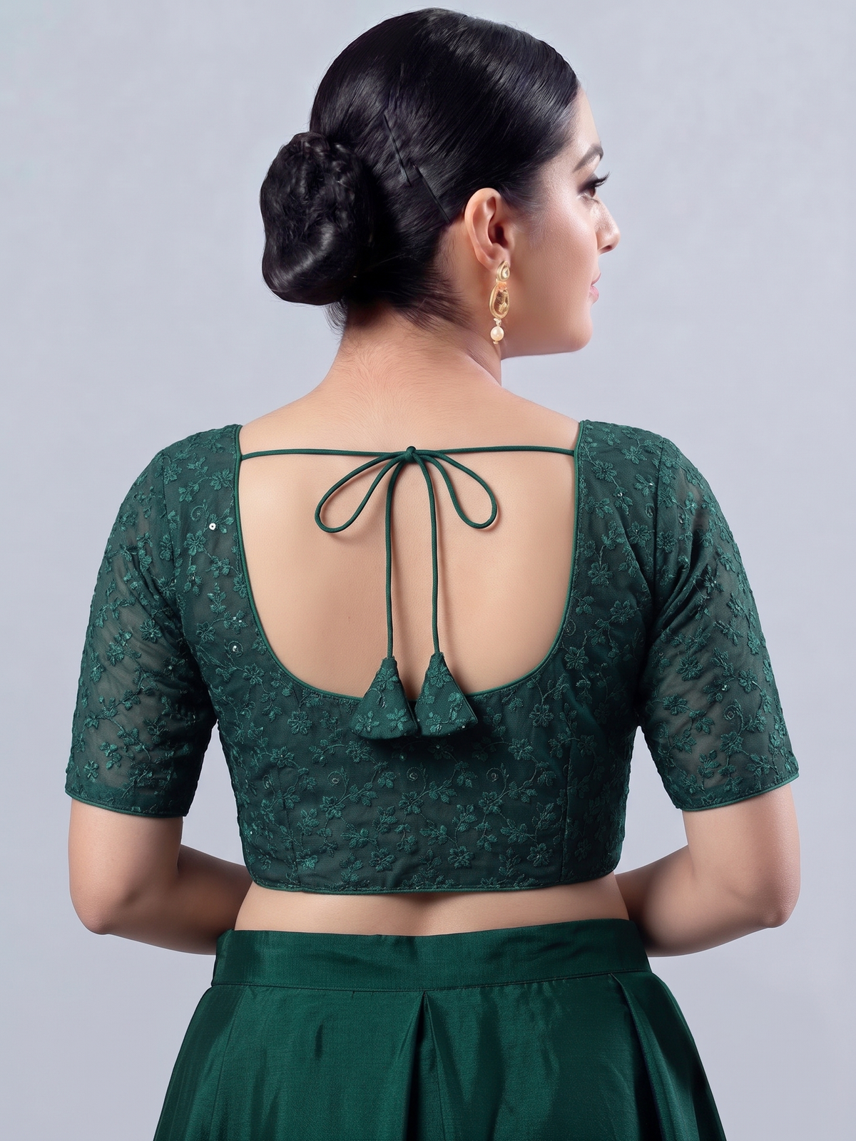 Dark Green embroidered Saree Blouse with Elbow Sleeves
