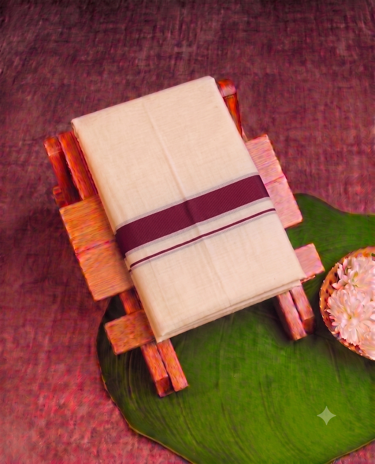 Classic Cream Kerala Mundu with maroon  Kasavu Border
