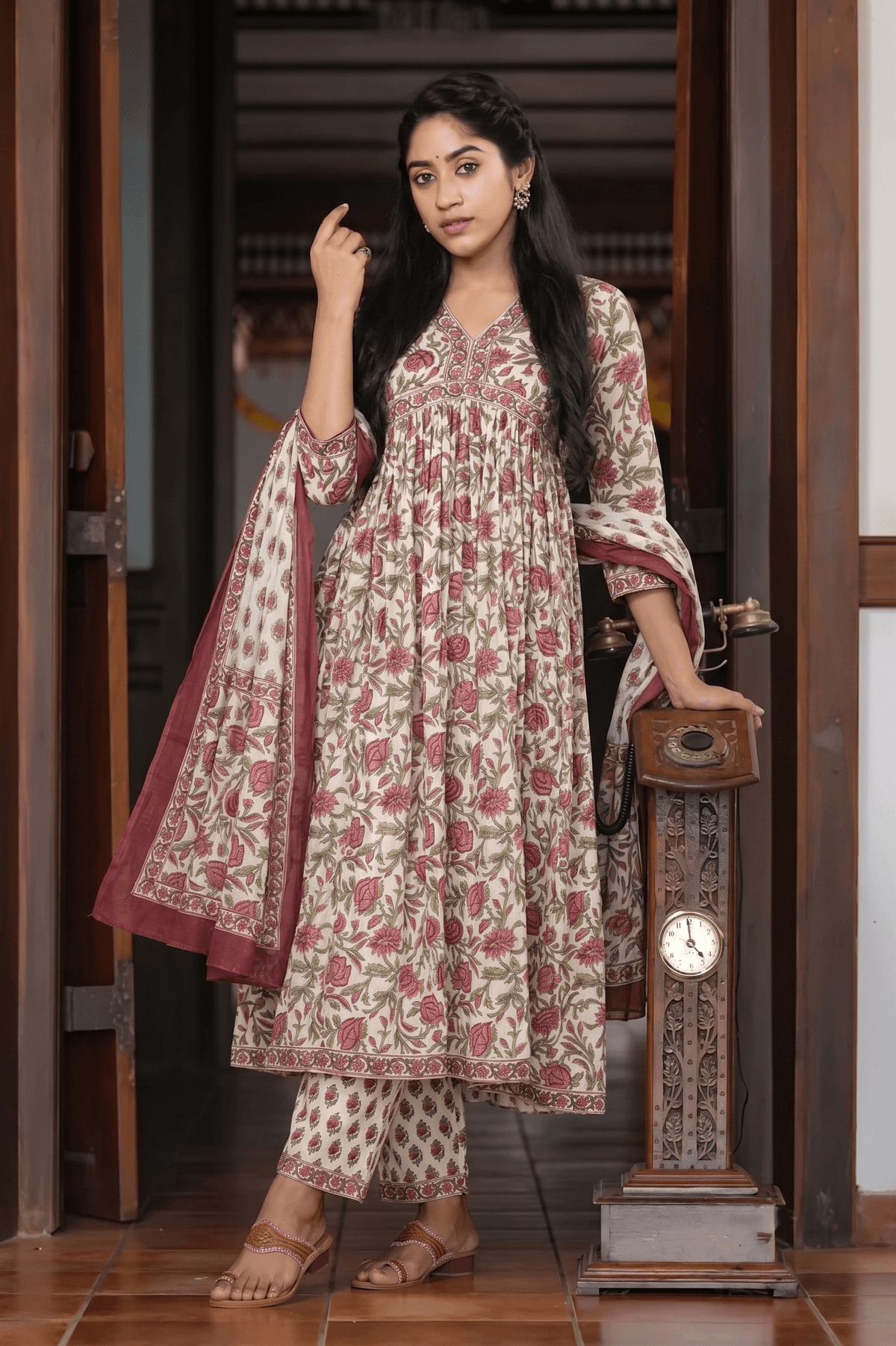 Red Printed Pure Cotton Kurta Set with Trousers and Dupatta aromie