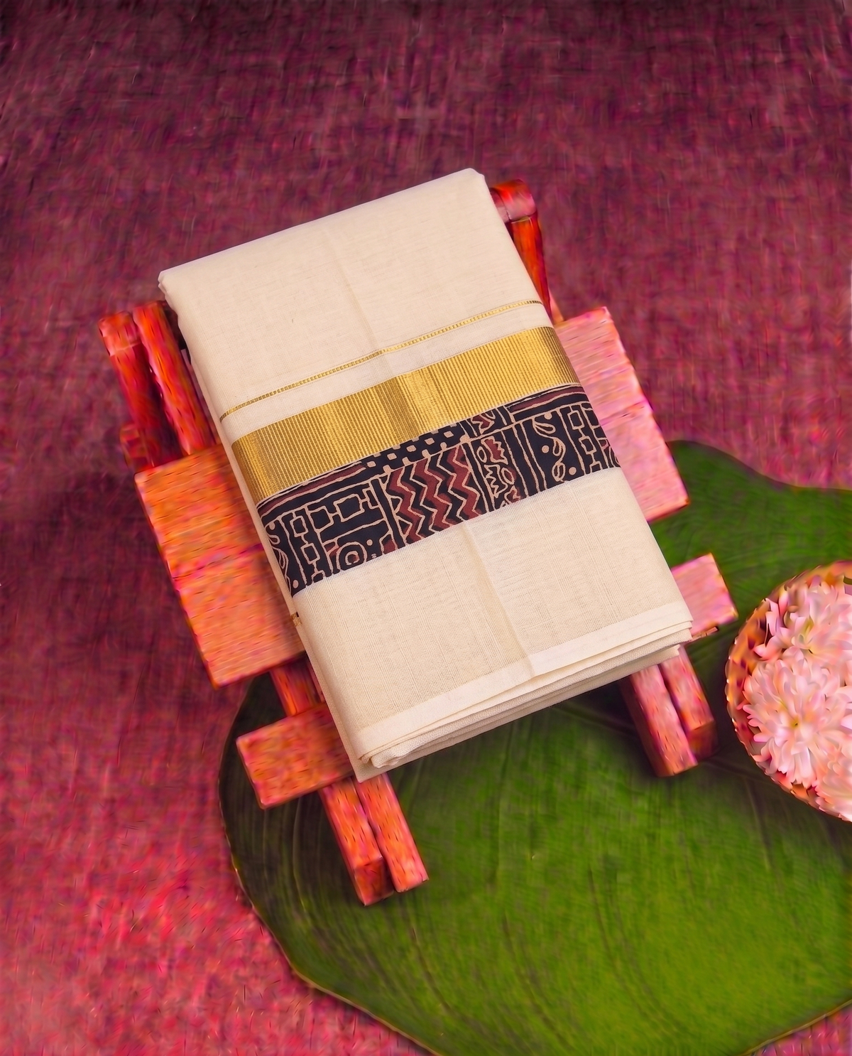 Classic Cream Kerala Mundu with Gold and Ajrak  kasavu