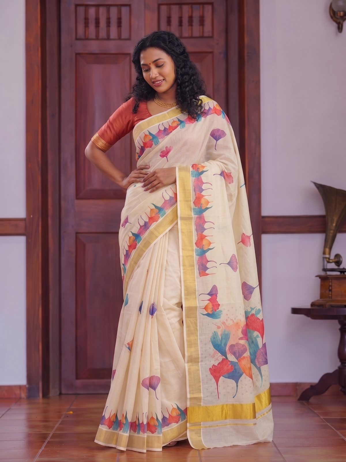 Cream Tissue Kasavu Saree with Multicolour Floral Print