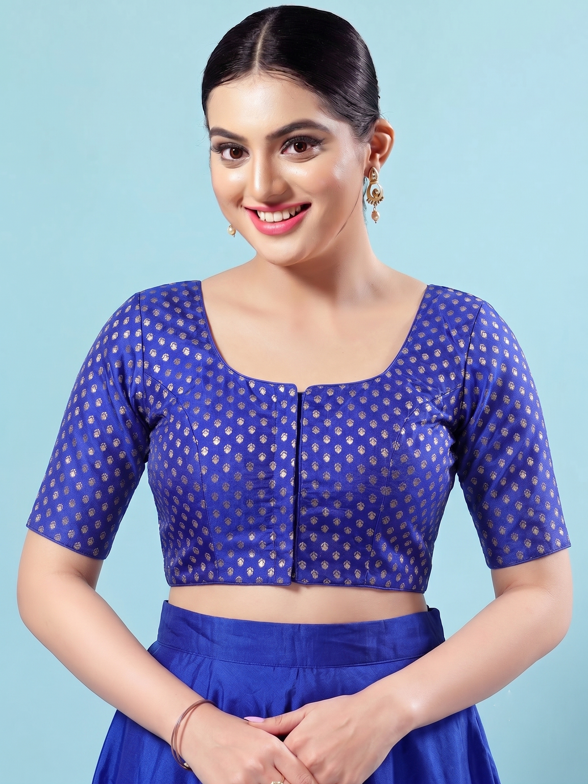 Royal Blue Gold Butti Saree Blouse with Elbow Sleeves