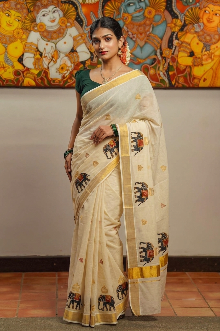 Elephant Motif Tissue Kasavu Onam Saree with Golden Border