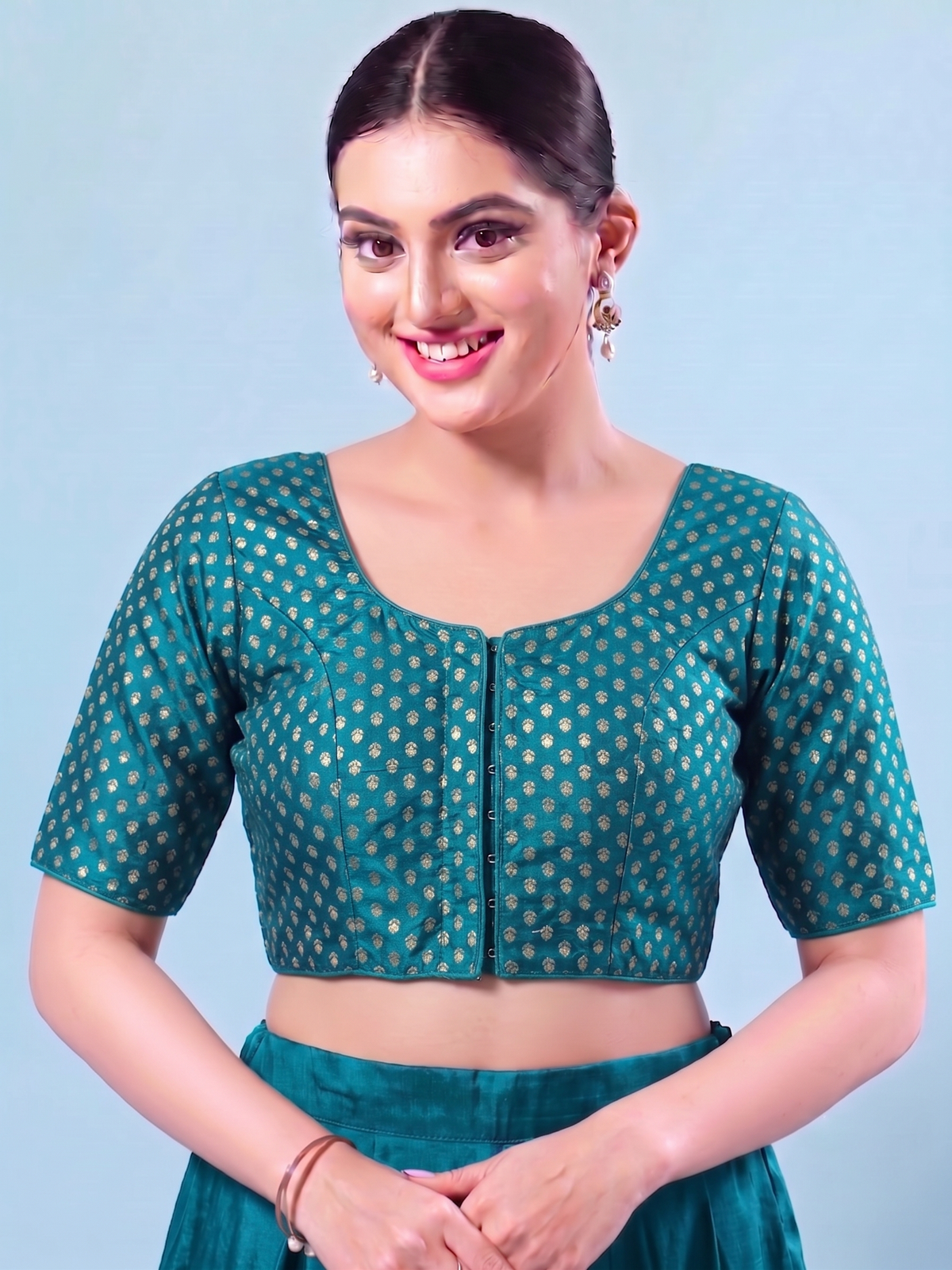 Teal Blue foil printed Saree Blouse
