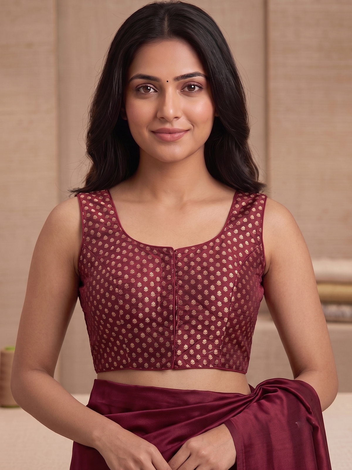 Maroon Foil-Printed Sleeveless Saree Blouse