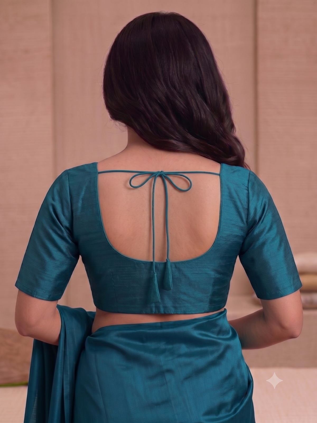 Teal Blue Plain Saree Blouse with Elbow Sleeves
