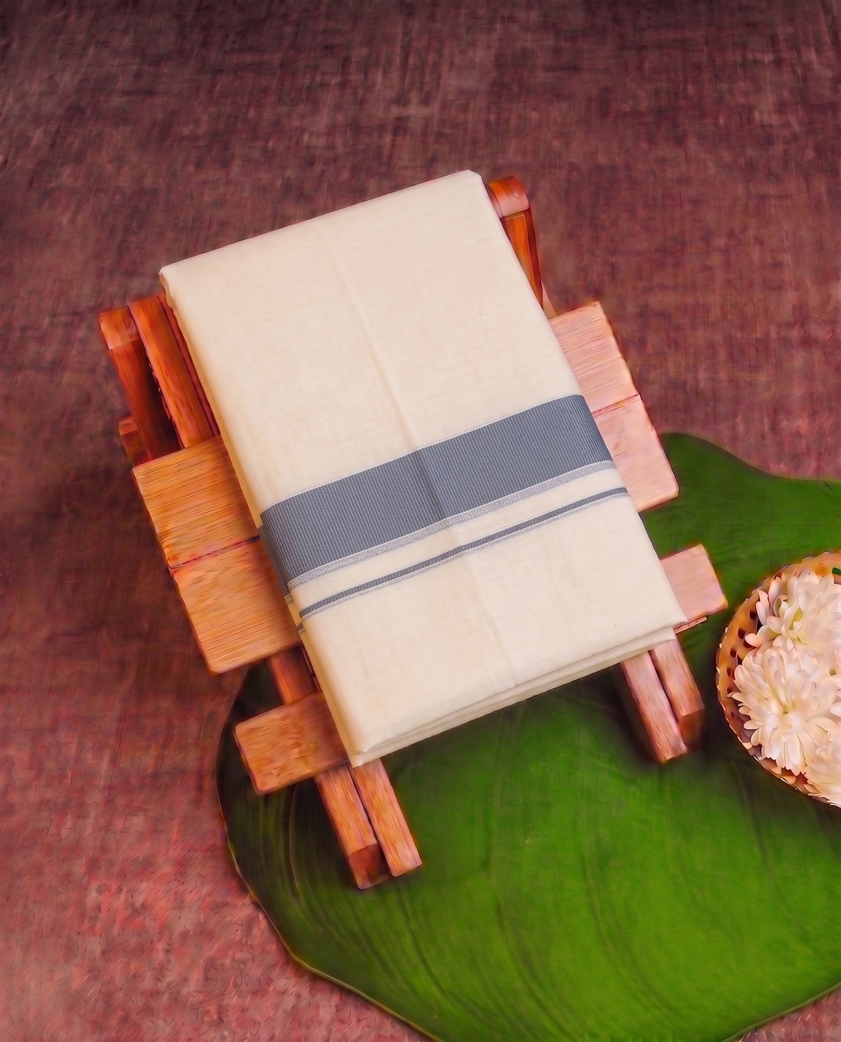 Classic Cream Kerala Mundu with Navy and Silver Kasavu Border