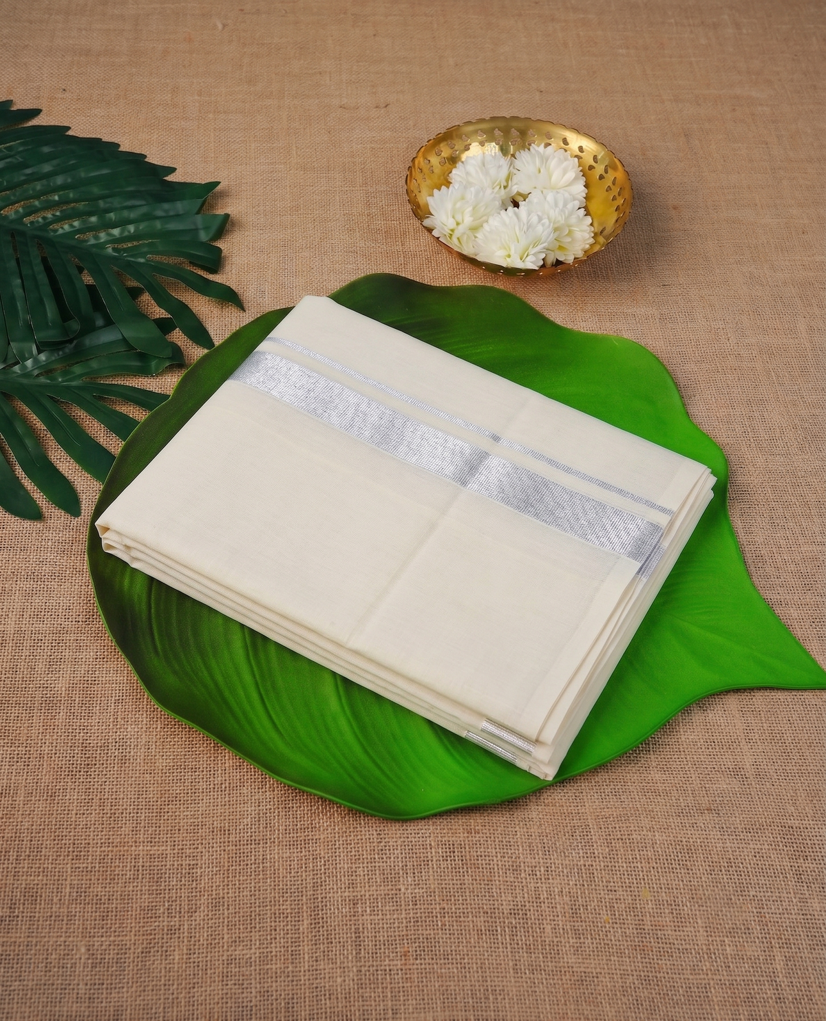 Classic Cream Kerala Mundu with Silver Kasavu Border