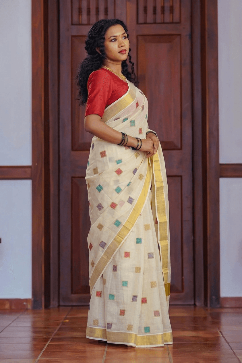 Cotton Cream Saree with Multicolor Geometric Motifs and Golden Border Set Saree