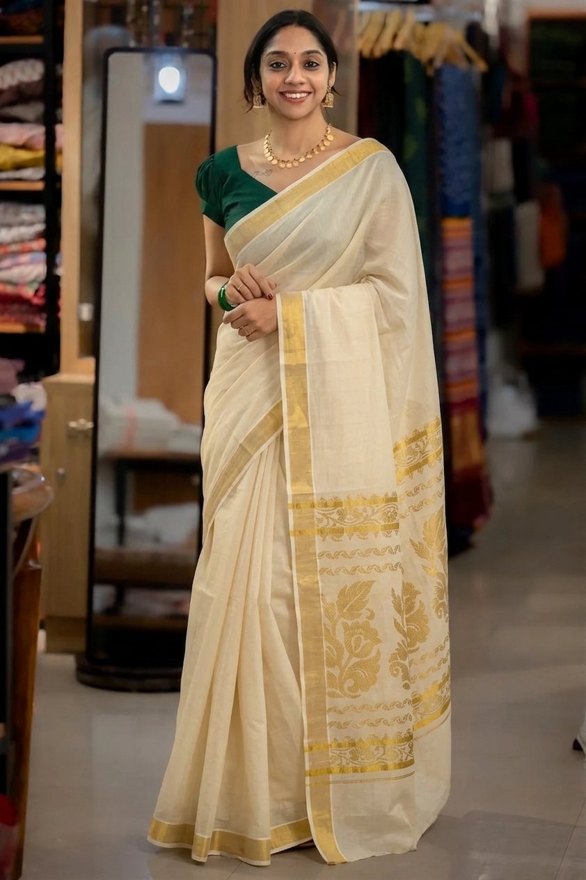 Cream Cotton Kasavu Onam Saree with Floral Pallu