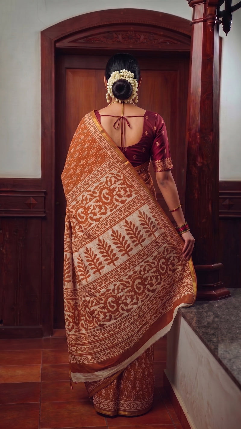 Rust Brown Printed Mulmul Cotton Saree aromie