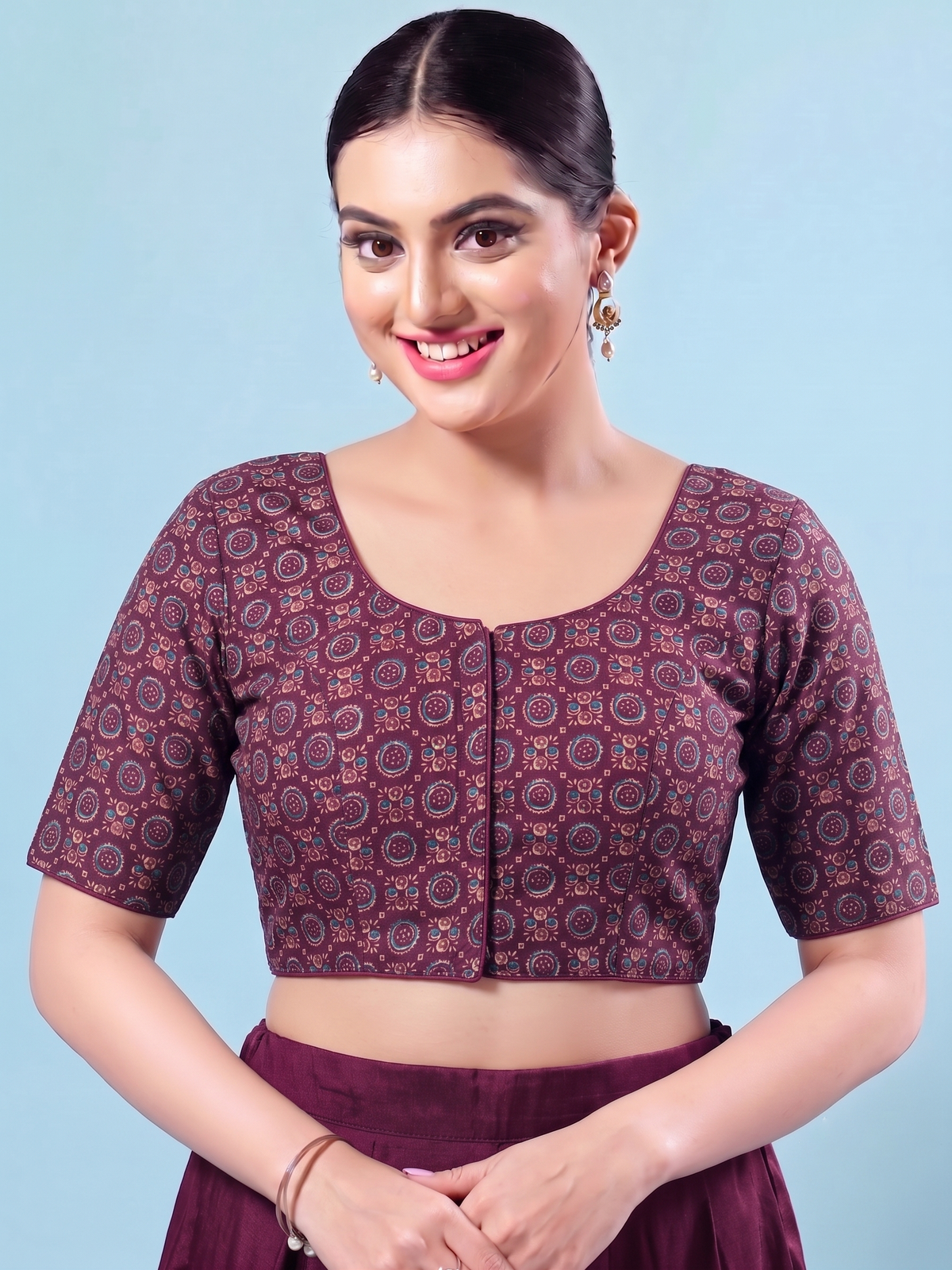 Wine  printed Saree Blouse with Elbow Sleeves