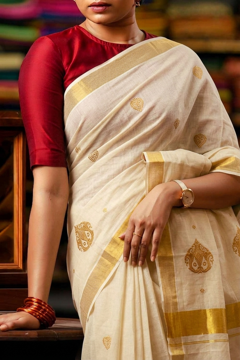 A woman wearing a cream-colored silk saree with gold zari motifs and a red blouse, posed indoors against a warm, blurred background.
