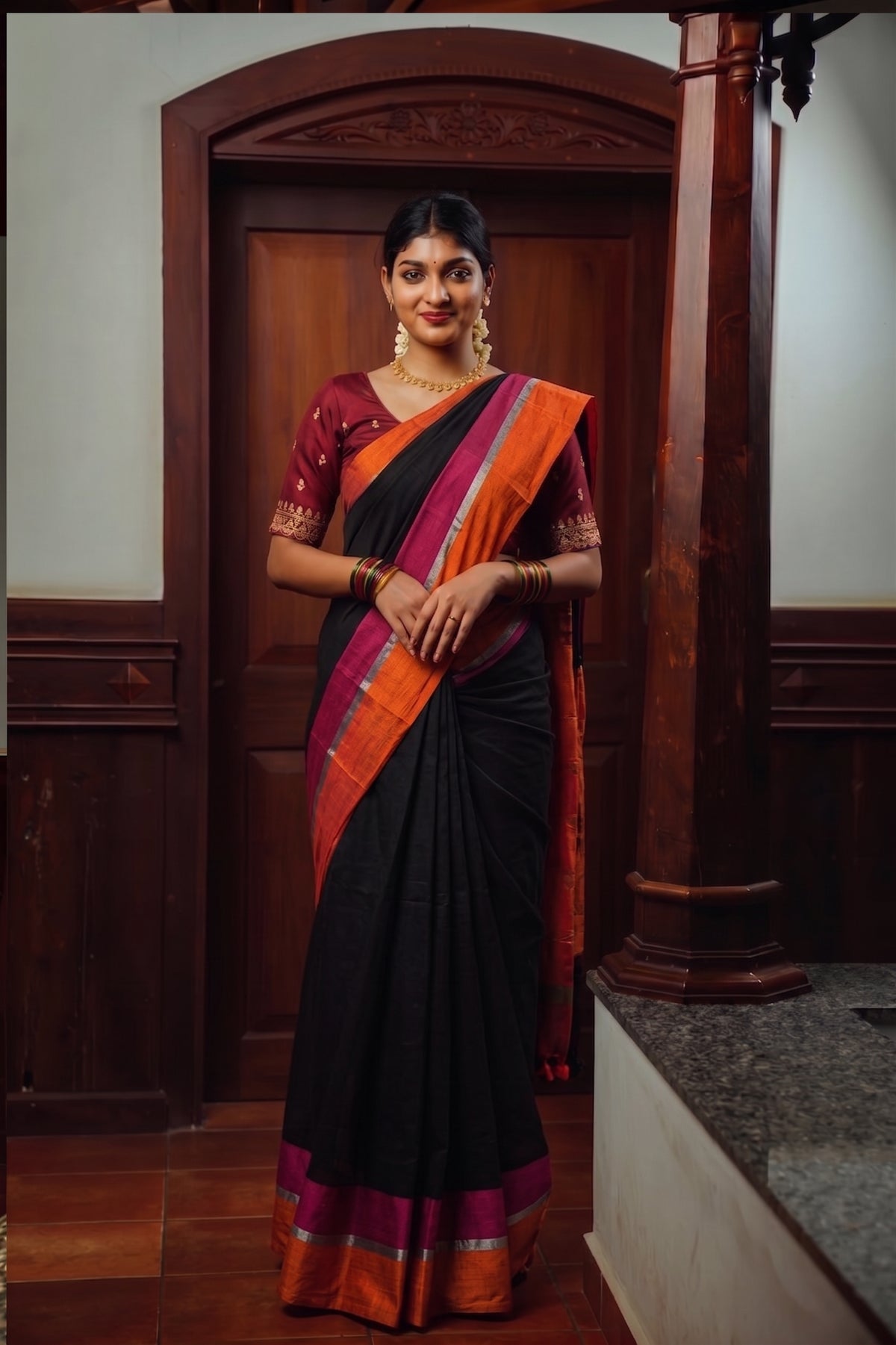 Black Mulmul Cotton Saree with Multicolour Border aromie