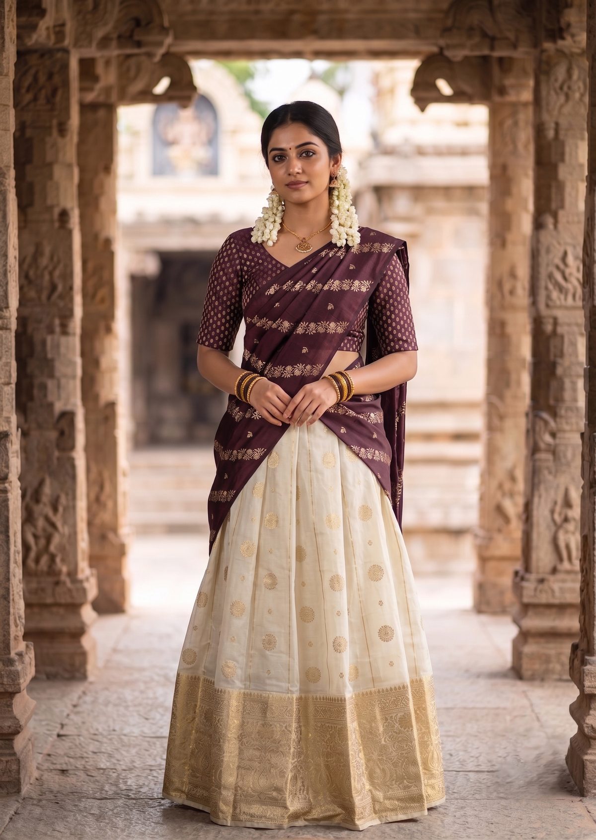Ready-to-Wear Semi Silk Dhavani Set with Pavada and Stitched Blouse