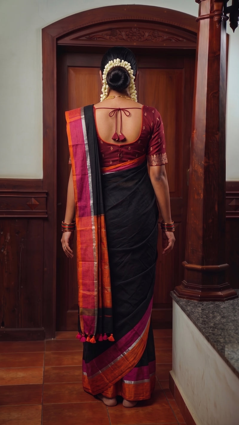Black Mulmul Cotton Saree with Multicolour Border aromie