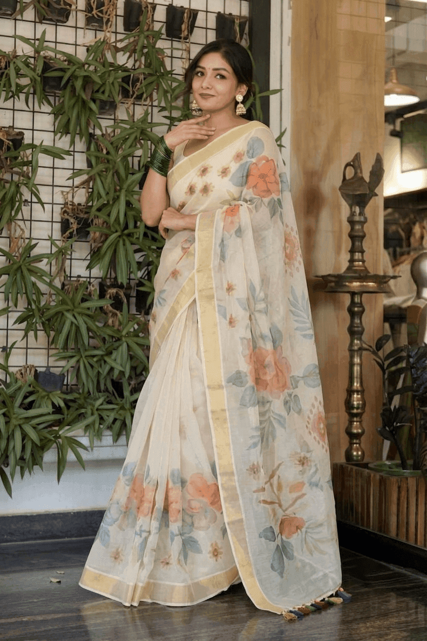 Tribal Diamond & Botanical Floral Digital Print, Gold Zari Border