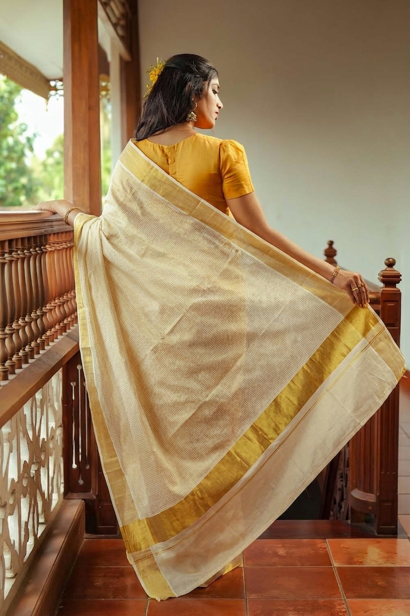 A woman stands on a wooden balcony wearing a cream-colored silk saree with a wide golden-yellow border and a mustard yellow blouse, holding the saree out to display its drape.