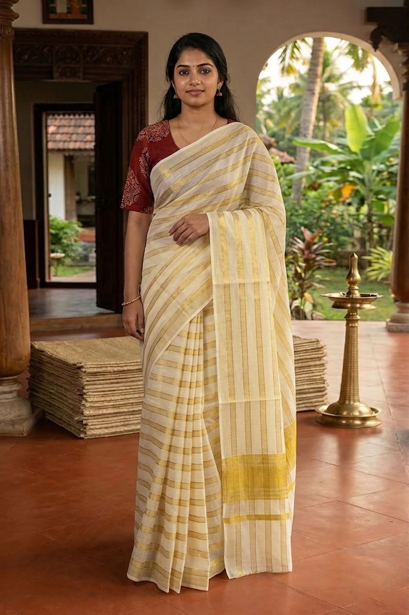 A woman wearing a cream and yellow striped cotton saree with a red sleeveless blouse, standing in a traditional courtyard with terracotta floors and greenery in the background.
