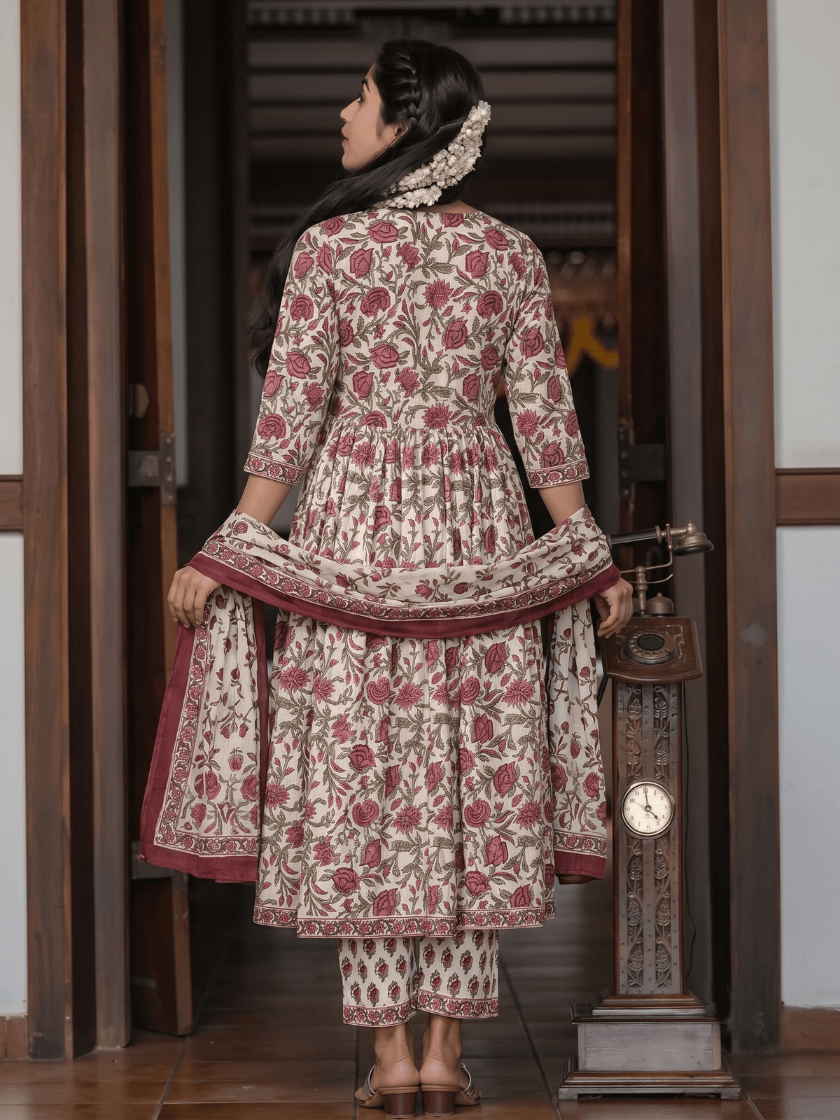 Red Printed Pure Cotton Kurta Set with Trousers and Dupatta aromie