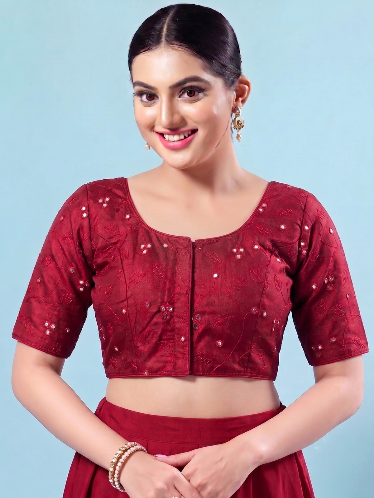 Dark Pink Mirror Work Embroidered Cotton-Blend Saree Blouse