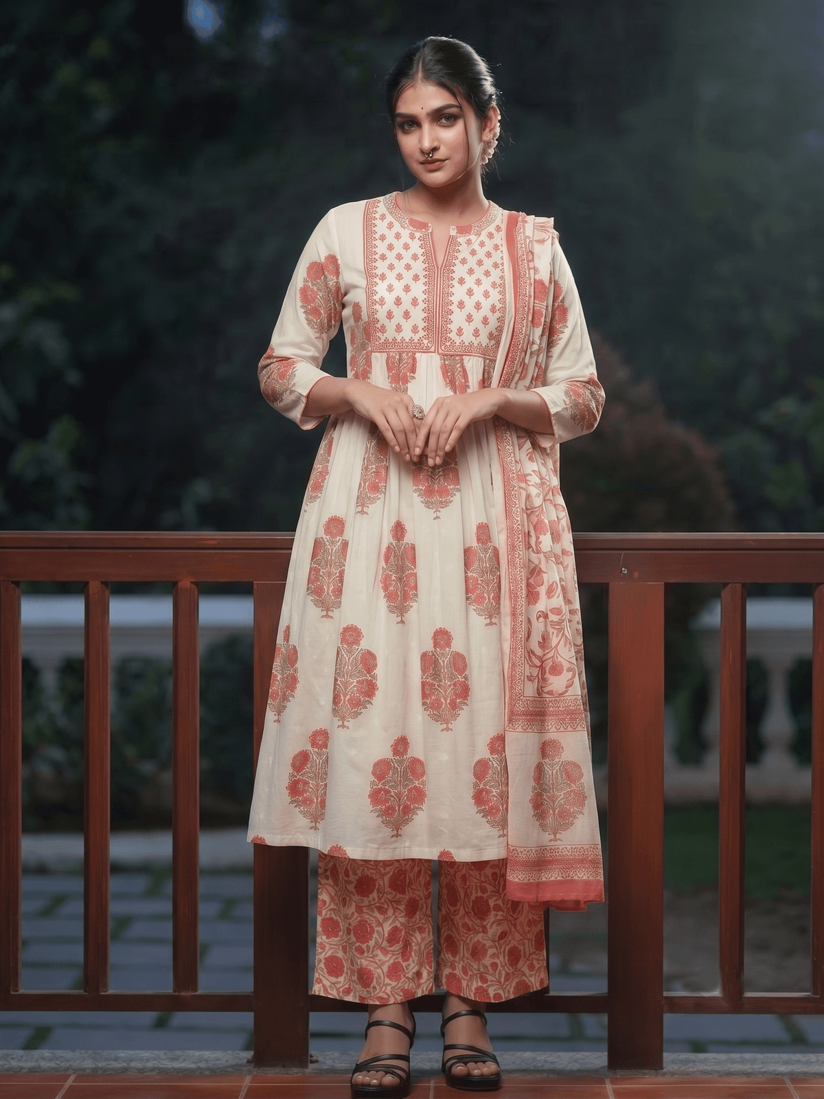 Women’s White Cotton Printed Kurta Palazzo Set with Dupatta aromie