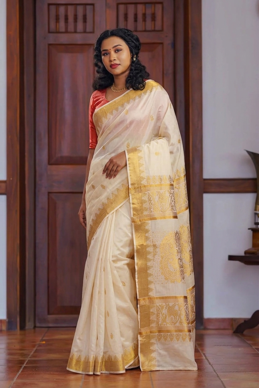 A woman modeling a cream-colored silk saree with gold zari patterns and a red sleeve, standing in front of a dark wooden door.