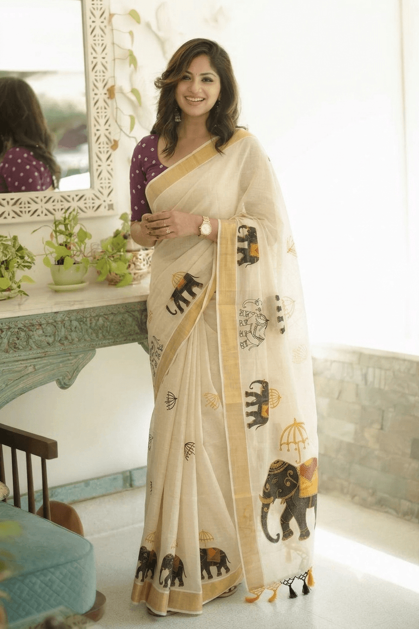 Caparisoned Elephant & Ceremonial Umbrella Digital Print, Gold Zari Border & Tassel Pallu