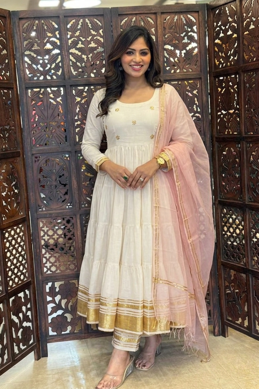Cream Mulmul Cotton Festive Suit Set with Palazzo & Dupatta