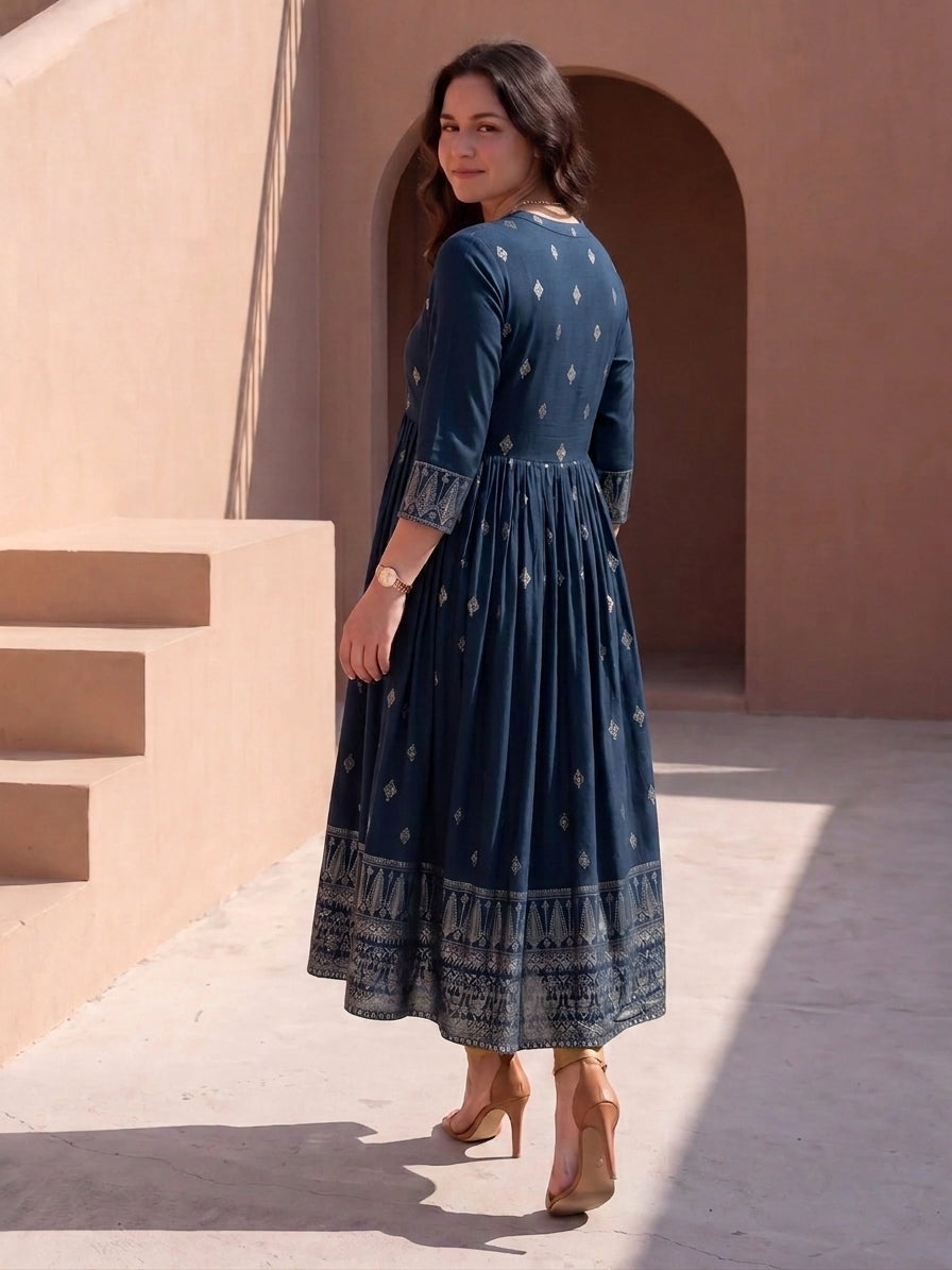 Navy Blue Printed Rayon Kurta aromie