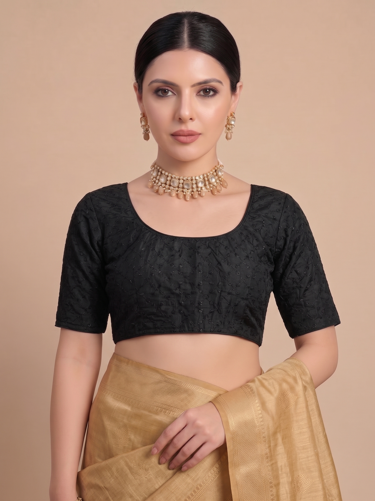 Black Embroidered Cotton Saree Blouse