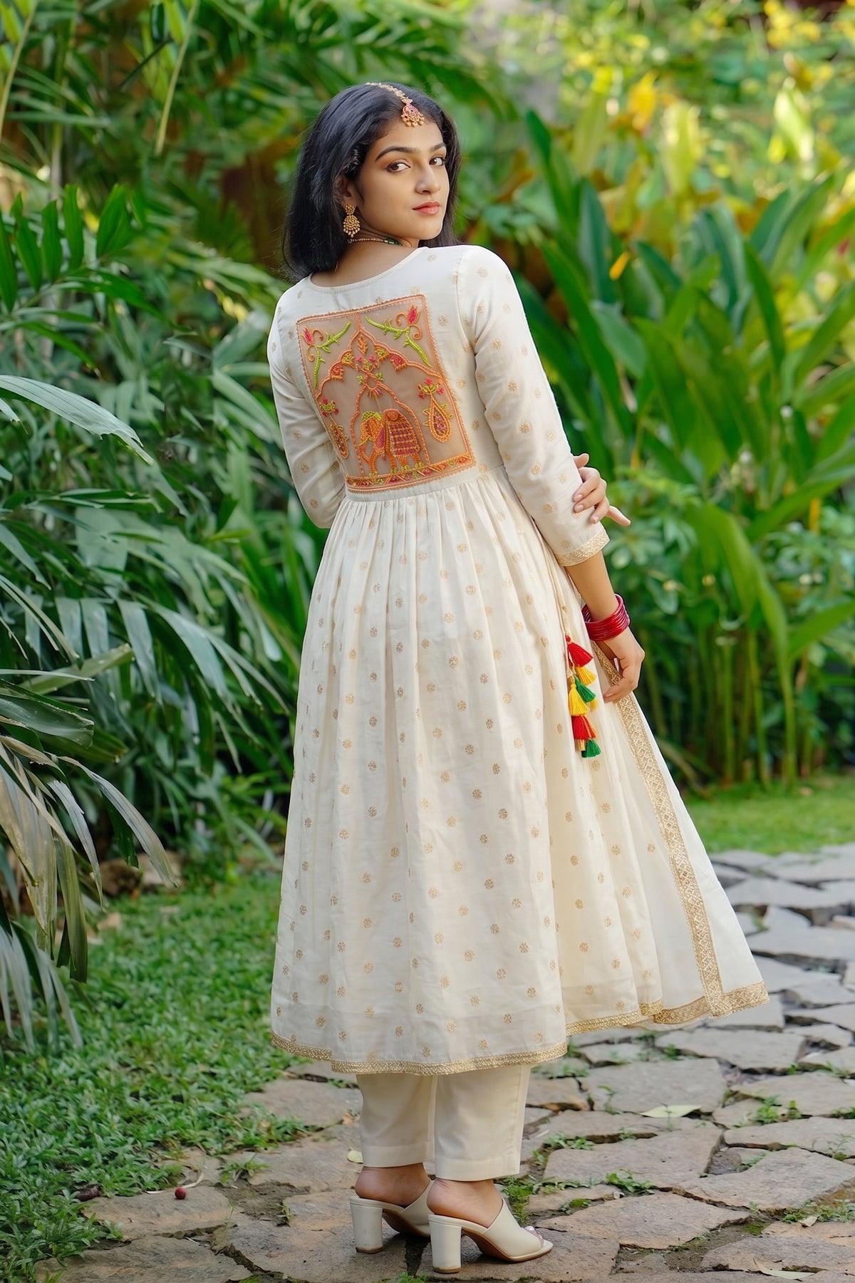 White Embroidered Rich Chanderi Anarkali Set with Palazzo and Dupatta aromie