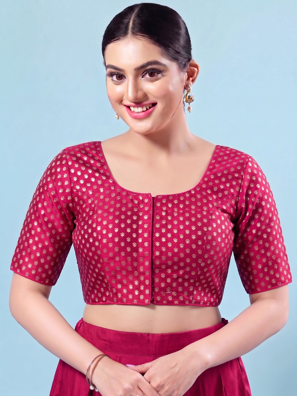Dark Pink  foil print Saree Blouse with Elbow Sleeves (Copy)