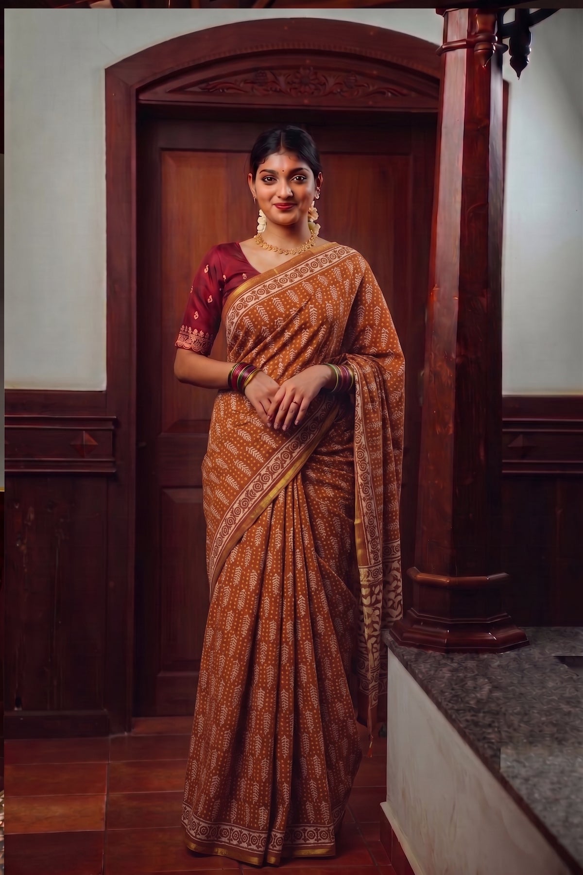 Rust Brown Printed Mulmul Cotton Saree aromie