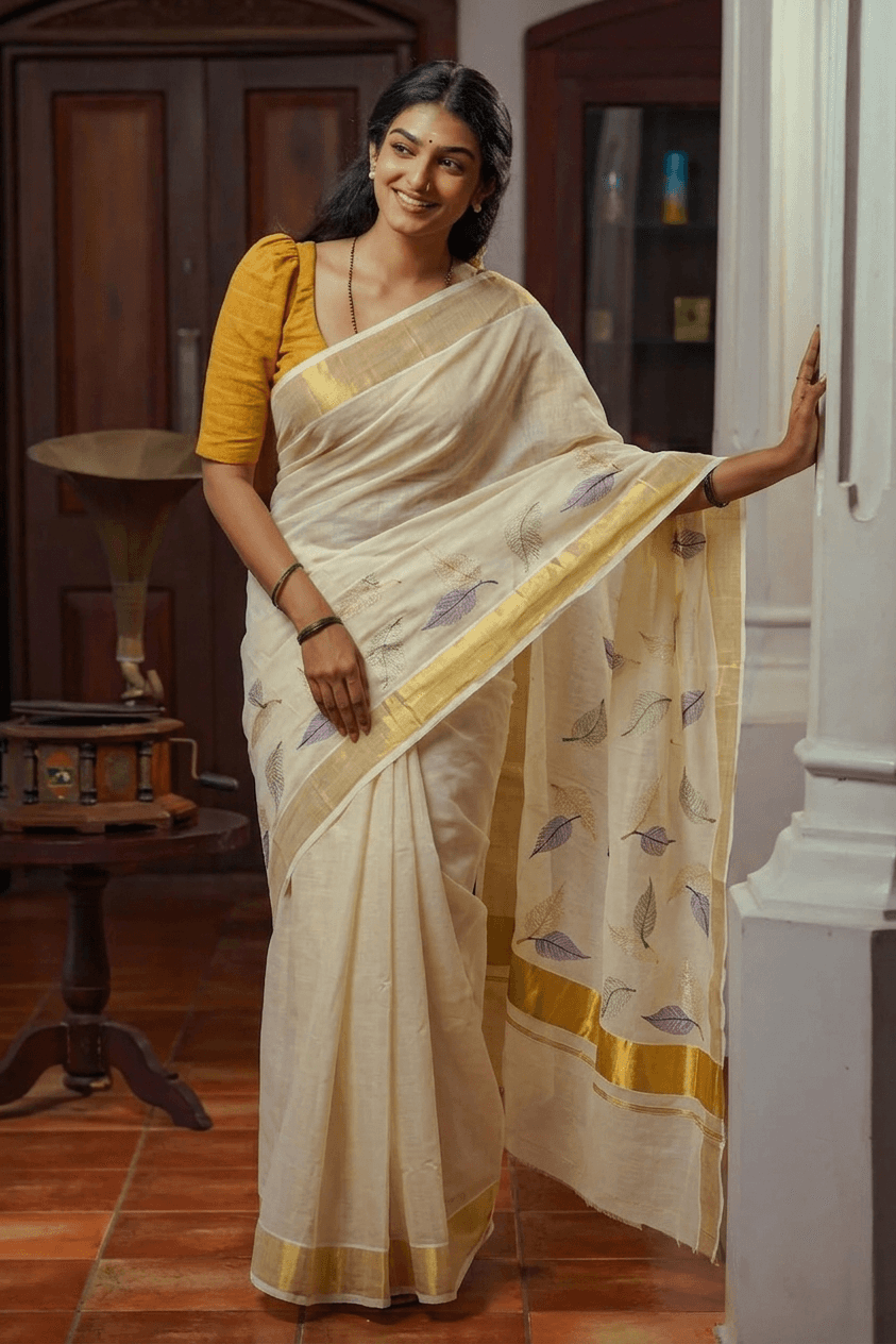 A woman wearing a cream-colored silk saree with a yellow blouse, standing in a traditional room with wooden furniture and tiled floors.