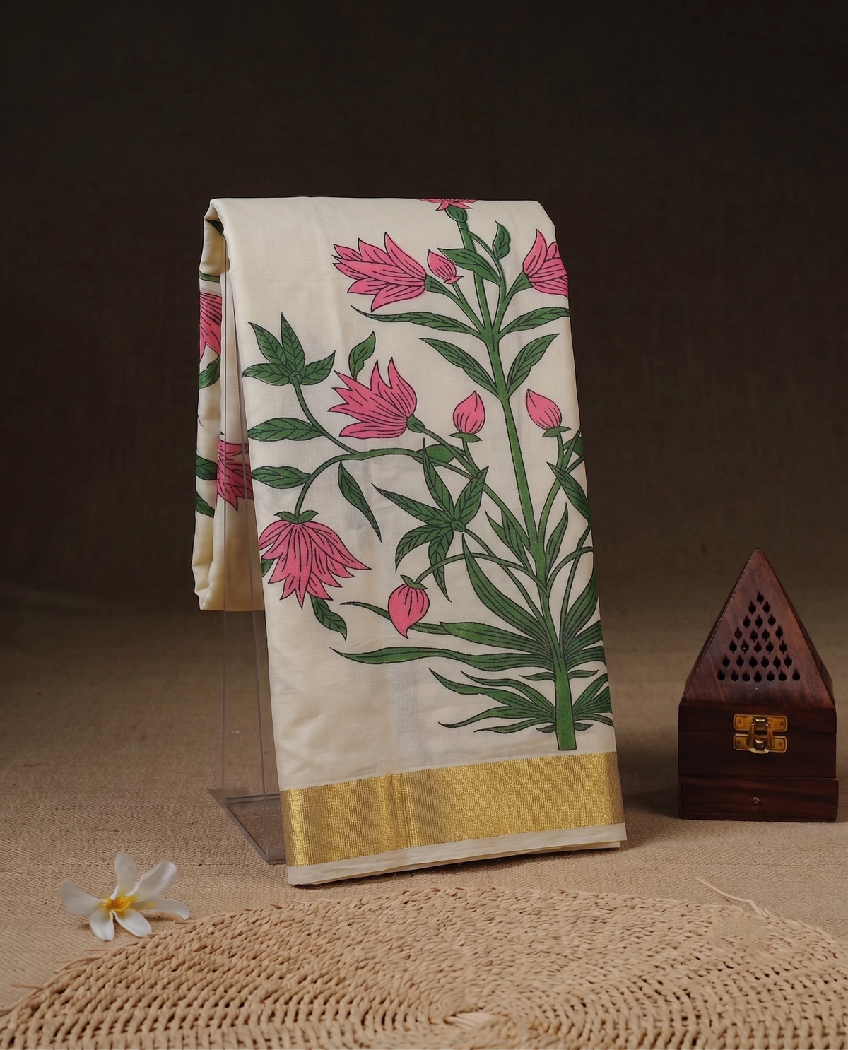 Kerala Heritage Cream Cotton Kasavu Saree with Colourful Floral Motifs