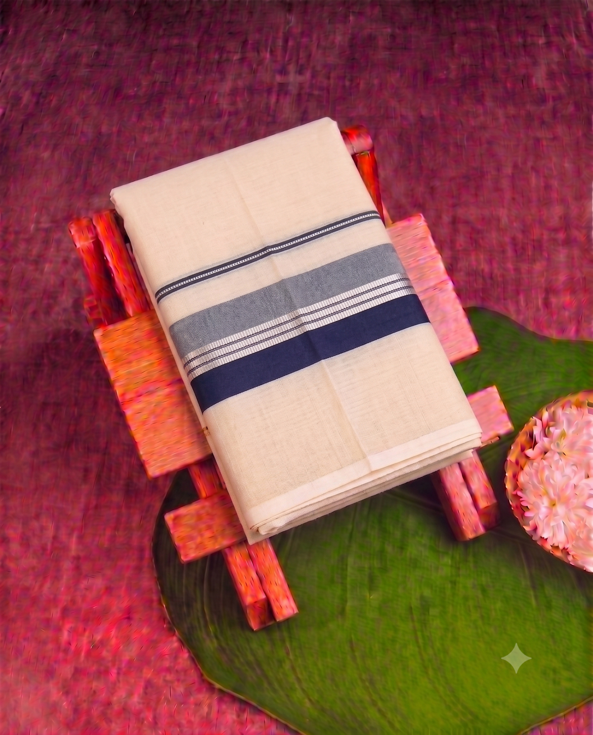 Cream Cotton Kerala Kasavu Mundu with blue  Border
