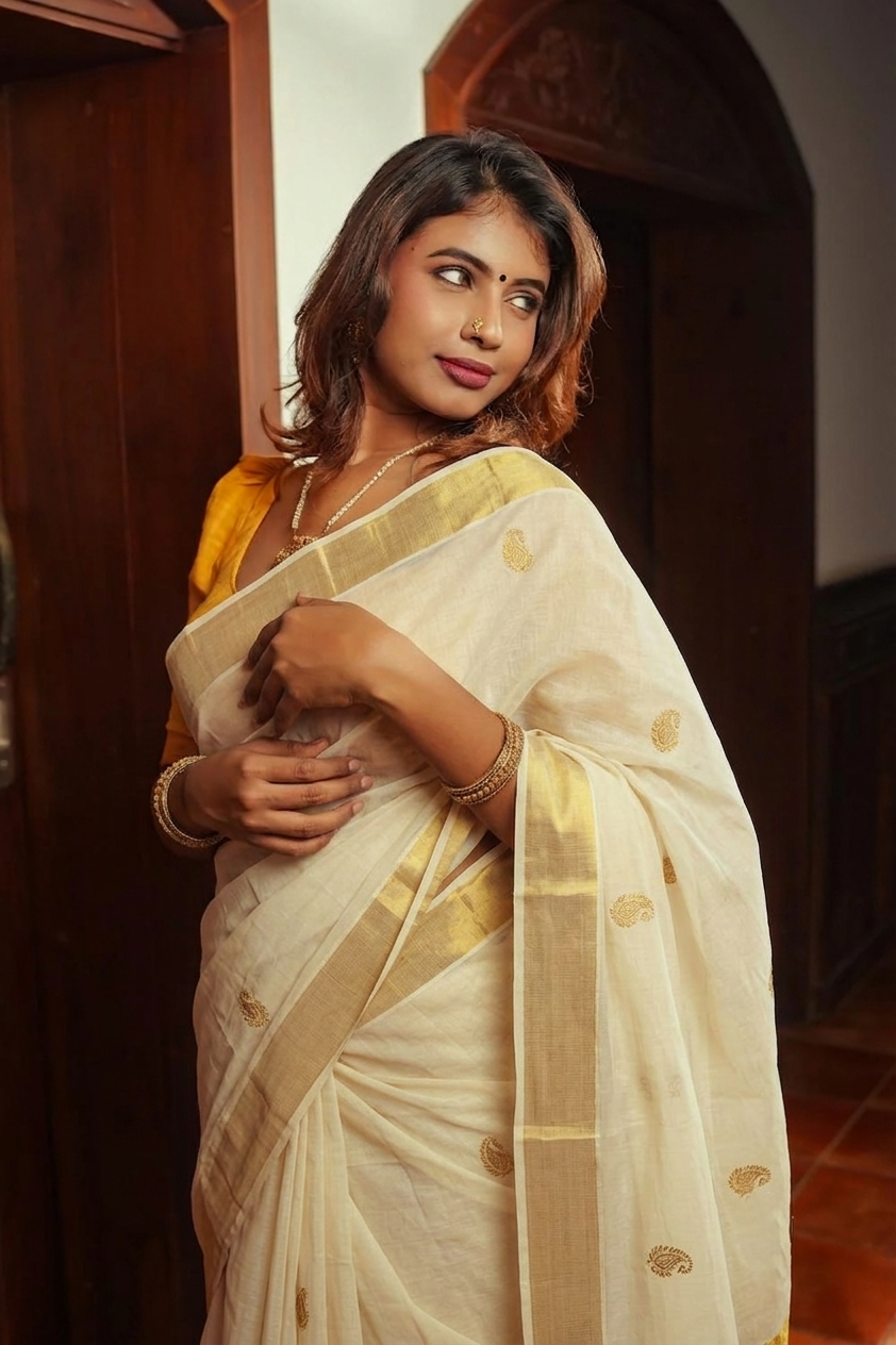 Cotton Cream Saree with Gold Butta and Traditional Border Set Saree