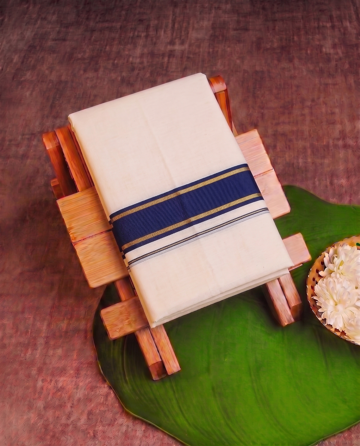Classic Cream Kerala Mundu with Navy and Gold Kasavu Border (Copy)