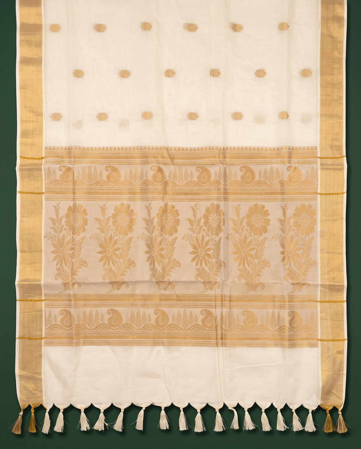 Cream Cotton Kasavu Saree with Multicolour Traditional Floral Motifs