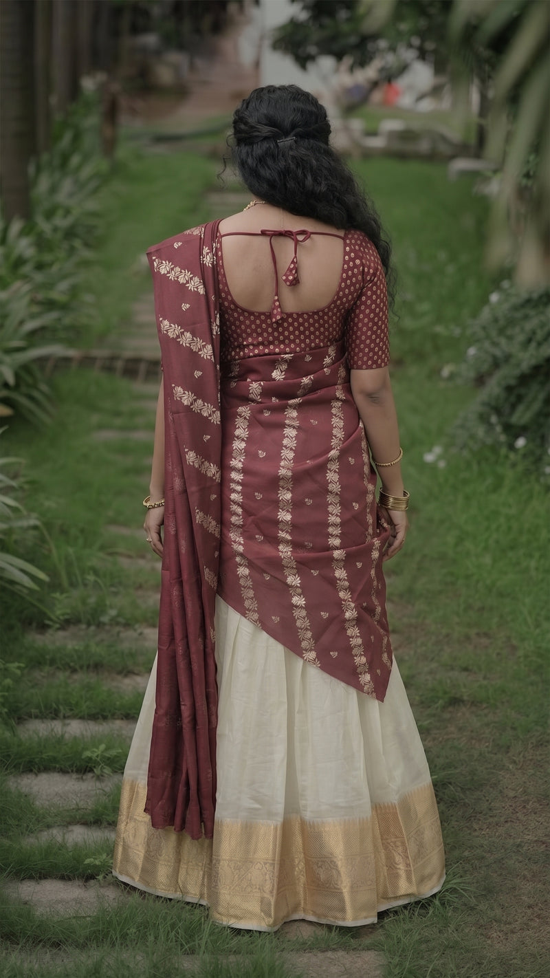 Ready-to-Wear Semi Silk Dhavani Set with Pavada and Stitched Blouse AROMIE
