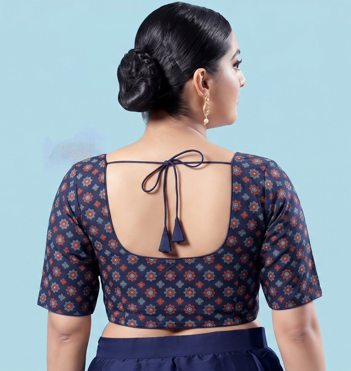 Navy Blue Multicolour Printed Cotton Saree Blouse