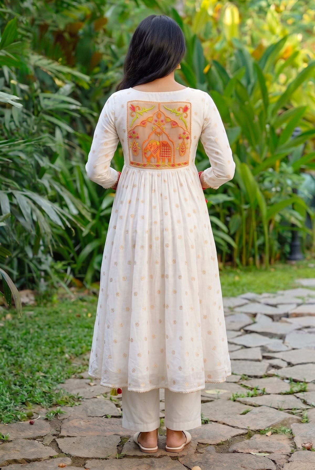 White Embroidered Rich Chanderi Anarkali Set with Palazzo and Dupatta aromie