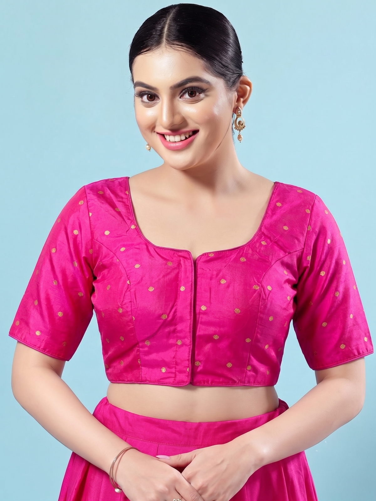 Fuchsia Pink Gold Butti Saree Blouse with Elbow Sleeves