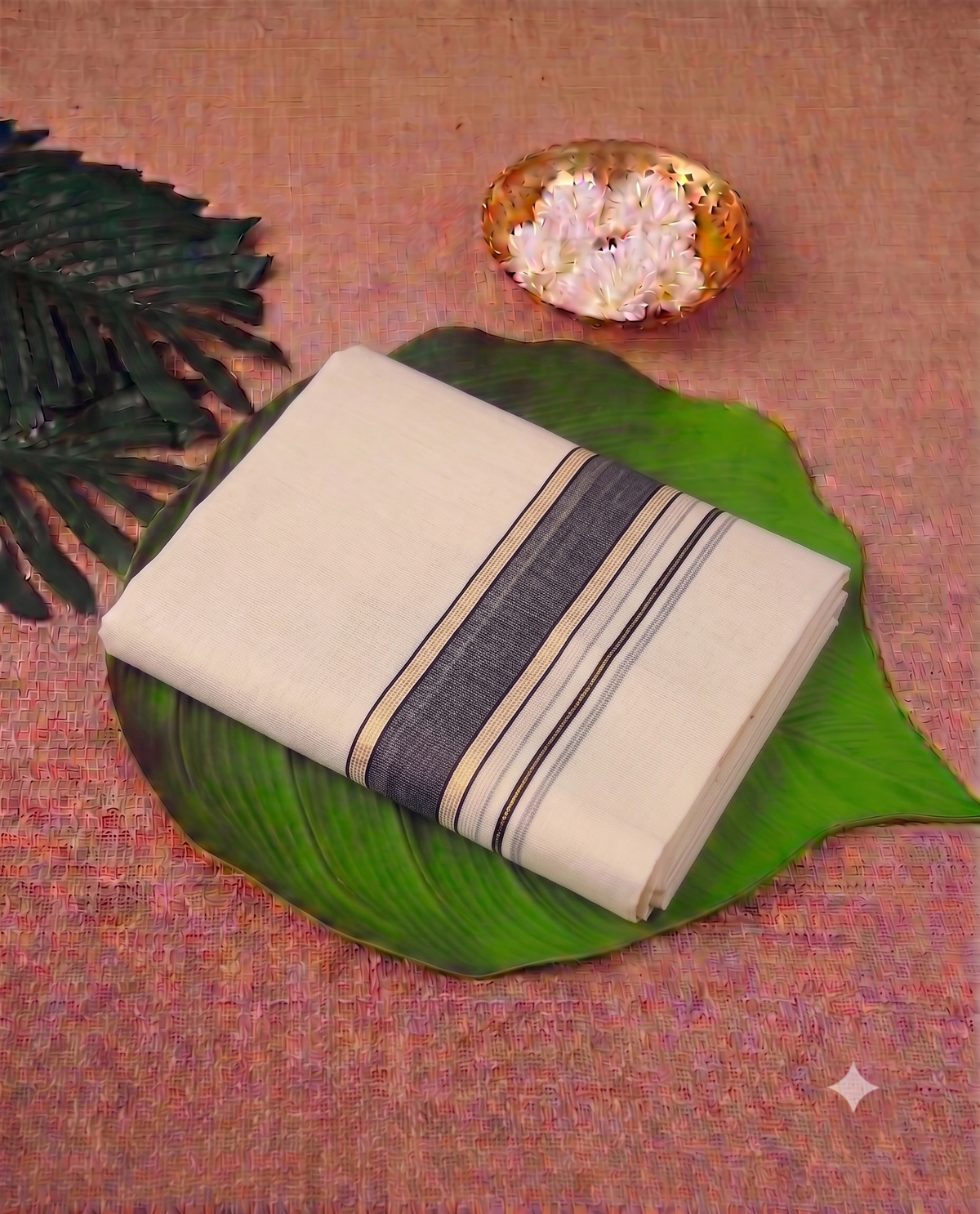 Classic Cream Kerala Mundu with black and gold  Kasavu Border